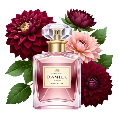 Aesthetic crystal perfume bottle in Pastel Rose with a subtle shimmer, placed next to a lavish bouquet of Crimson and Wine Red Dahlias, creating a harmonious and passionate composition. sticker