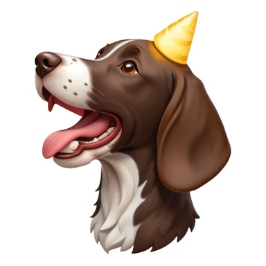 Cinematic Comical German Pointer Dog Portrait Emoji, Head tilted dramatically while yawning exaggeratedly, sleek brown and white fur, Simplified yet hilariously adorable features, highly detailed, glowing with an almost sarcastic glow, high shine, a mix of lazy and curious, stylized with a touch of playful whimsy, bright and alert but with a comical expression, soft glowing outline, capturing the essence of a mischievous yet overly dramatic dog, so meme-worthy it feels like it could leap off the screen and sassily demand attention, ready to become the internet’s next viral sensation! sticker