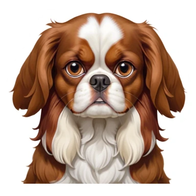 Cinematic Meme-Worthy Grumpy Blenheim Cavalier King Charles Spaniel Portrait Emoji, Head held high but eyes filled with dramatic disappointment, smooth Blenheim coat with striking chestnut and white patches, deeply furrowed brow forming an unmistakable scowl, floppy ears slightly angled back in disapproval, piercing brown eyes glaring with pure exasperation, Simplified yet hilariously over-exaggerated features, highly detailed, glowing with an aura of supreme annoyance, high shine, exhausted yet judgmental, stylized with an almost regal pettiness, bright but brooding, soft glowing outline, capturing the essence of a companion that has seen it all and is thoroughly unimpressed, so meme-worthy it feels like it could instantly become the next viral sensation of grumpiness! sticker