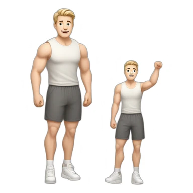 Full height Actively gesturing with hands Pale skinned Fit Man With the biceps and light brown hair with Bristle in dark gray Sleeveless Mike, beige oversize sports shorts and white Sneakers sticker