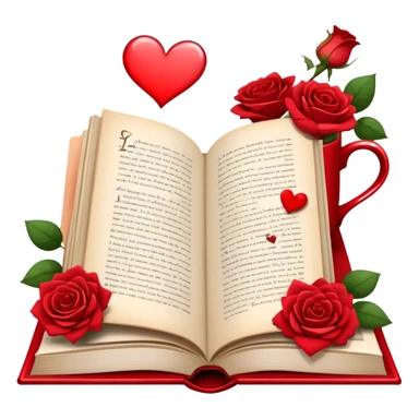 Icon for Romance Reading: an open book with a heart-shaped bookmark, surrounded by roses, a love letter, and a cup of tea, with small hearts and Cupid with bow and arrows flying out of the pages. Transparent background. sticker