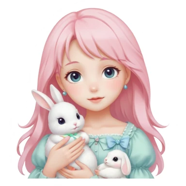 Gorgeous pastel anime style lady with blushing face and holding a bunny cottagecore fairycore pastelcore colorful pearly romantic simplistic aesthetic trending style sticker