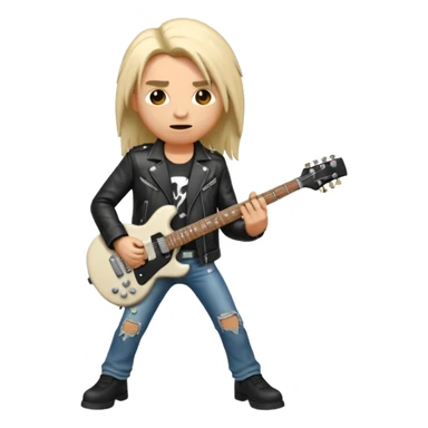 3D Apple-style emoji of a metal musician holding an electric guitar with a bold "ROCK" sign above. Long hair, black leather jacket, ripped jeans, intense expression. Rounded, glossy, smooth, soft shadows, white background.











 sticker