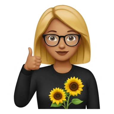 Make my biology teacher shes light brown, wears glasses, female, fat, all black sweater down and sunflower shirt under and make her give 1 thumbs up sticker
