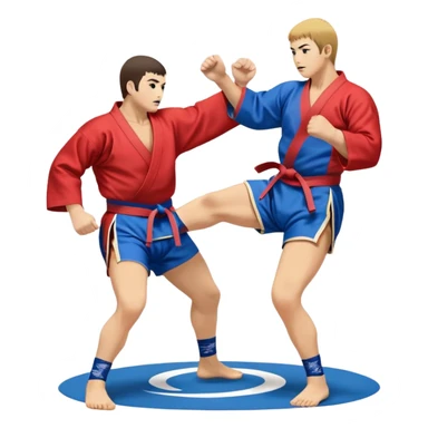 An icon symbolizing Sambo, featuring two fighters in blue and red kimonos with shorts and wrestling shoes. One executes a powerful throw, while the other attempts a defensive grab. The fighters are engaged in a grapple, using joint locks and sweeps.  sticker