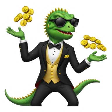 capitalist iguana banker in tuxedo and black sunglasses jongling with coins sticker
