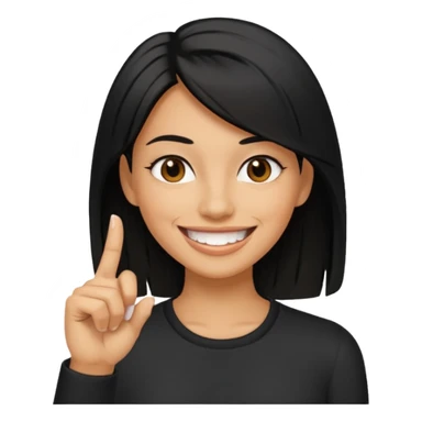 Haz una imagen de una mujer con cabello negro con cabello en capas , con una sonrisa en su cara y la punta de su dedo indice entre sus dientes sticker