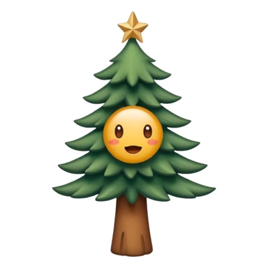 Un emoji représentant un petit sapin stylisé, sans bouche, avec deux grands yeux de biche brillants couleur cannelle. Style minimaliste, mignon et expressif, comme un sticker ou un emoji moderne. Fond parfaitement transparent, haute qualité, bien centré. sticker