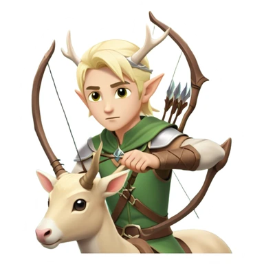 clash-of-clans-aesthetic-blond-male elf-archer-portrait-emoji, rendered in a flat, vector-style with minimal shading and bold holding his bow, simplified shapes, head tilted slightly forward with a determined, focused expression, riding a majestic white stag whose antlers glow with mystical energy, set against an ancient, enchanted forest backdrop. sticker
