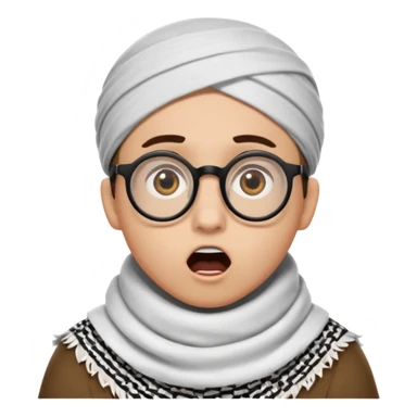 A person with light skin tone, wearing a traditional white keffiyeh with a black agal, large brown eyes, round glasses, and an open mouth showing a surprised or shocked expression. sticker