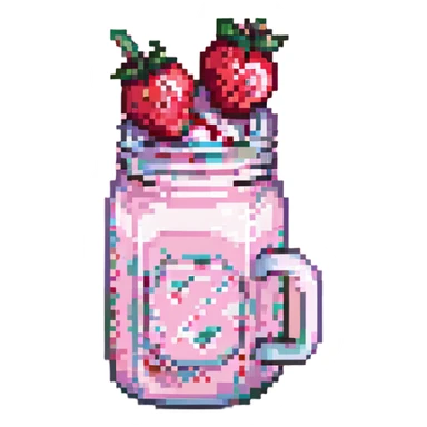 pixel art strawberry milkshake with pink hue and cherry on top, glass mug, extra cherries, pastel background sticker