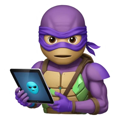Donatello from Teenage Mutant Ninja Turtles, emoji style, using a tablet with a hacking screen, with a blue hacking interface sticker