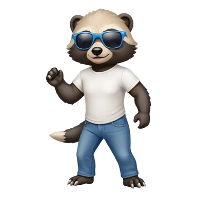 friendly anthropomorphised honey badger in jeans and a t-shirt, wearing sunglasses, walking upright, standard pose sticker