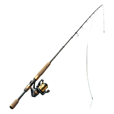 Cinematic Realistic Fishing Rod, sleek graphite rod with a smooth, polished reel, thin line disappearing into a shimmering lake, warm golden sunlight reflecting off the water, glowing with a tranquil and adventurous aura. sticker