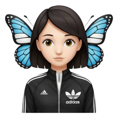 A girl with  medium length, dark hair, fair skin. The style is a butterfly  cut and wore black Adidas track jacket with white stripes on the sleeves. It has a full zipper down the front, a stand-up collar, and the Adidas logo on the right chest emoji sticker