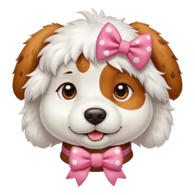 a white dog with brown spots and has a bow on her collar sticker