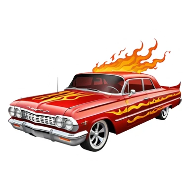 Satan’s streamlined Hot rod custom 1964 impala low rider four door themed painted hood flaming side-mounted under-door chrome exhaust pipes driving straight to hell  sticker