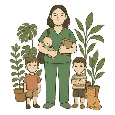 Edit the image to add two boys. The woman should be wearing Kelly green scrubs, with longer and darker hair. She should be tall and medium build, with pale skin, gray eyes, and a tired expression. Surround her with house plants and a cat. Remove the background entirely. sticker
