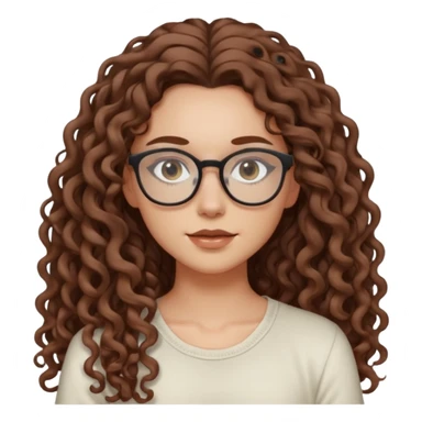 aesthetic white girl with cool coloured brown, very long curly hair, she wears an offwhite top and her eyes are black , and wears thin small glasses sticker