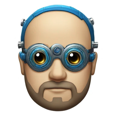Bearded Fat bald cyborg head with tan skin, blue steampunk goggles and circuits sticker