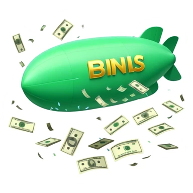 Create a cartoon-style blimp/airship with cash money bursting out from all sides. Money should be raining down dramatically from the blimp, with some bills floating through the air. The style should be vibrant and playful with a slight 3D effect. Include small details like dollar signs and ensure the imagery is clear even at small sizes. sticker