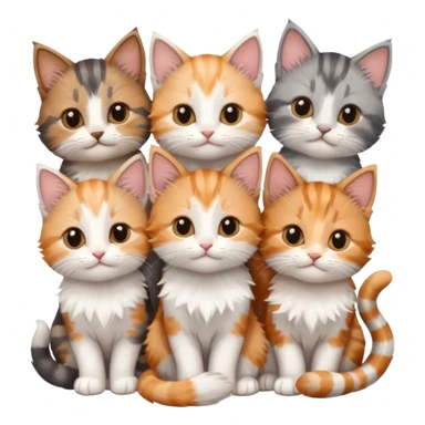 6 tiny kittens cuddling together all various different natural colours including grey and white, ginger and white, calico, grey, and brown tabby and white sticker