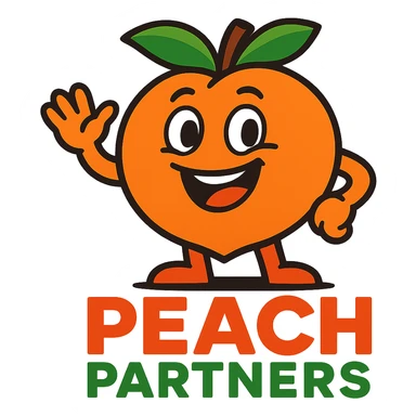 friendly peach mascot for 'Peach Partners' logo, vibrant colors, cheerful expression, peach with big smile and leaf hat sticker