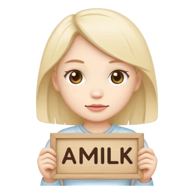 Chibi cult girl emoji, flat vector style, bold outline, holding a sign that says “AMILK” in clear capital letters, centered, simple background sticker