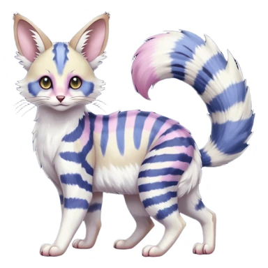  Realistic dull gloomy-dark-deep-grayish-indigo-violet-gradients albino fur with random colorful markings beautiful elegant pretty precious cute  Fakémon-Pokémon-opossum-feline-serval-caracal-chinchilla-Minccino-hybrid-creature with a big fluffy bushy striped tail (full body) sticker