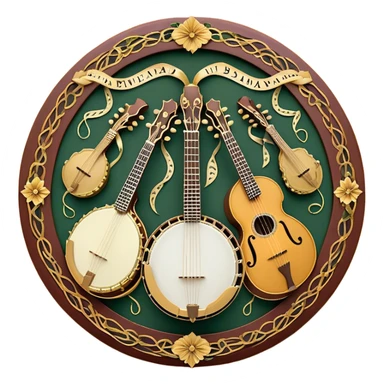 Create an intricate, festive, and emblematic emoji symbolizing plucked string instruments. The design should resemble a regal crest, featuring instruments like a banjo, mandolin, domra, sitar, and other plucked strings, arranged symmetrically in an ornate composition. Their necks and strings should elegantly intertwine with a flowing ribbon of musical notes, wrapping gracefully around the instruments. The overall shape should be grand and balanced, evoking a sense of tradition and celebration. Use a rich and refined color palette with gold, deep mahogany, and vibrant accents, adding intricate wood textures, decorative inlays, and metallic tuning pegs for a professional, polished look. The background should be transparent, making the emblem stand out as an independent artistic mark sticker