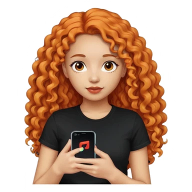 A girl with long, dark orange curly hair, light skin,  wearing a black T-shirt, is holding a phone with the TikTok icon sticker