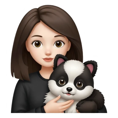 an brunette hair girl holding her white pomeranian dog that looks like a panda sticker