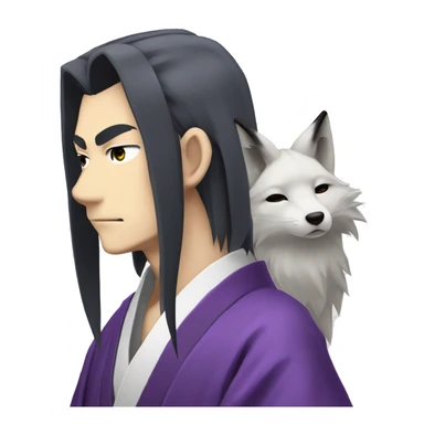 The Tomoe guy from "kamisama kiss" with long hair, white Fox ears, pointy chin, his purple kimono and serious face sticker
