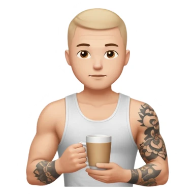 a white short guy wearing a white tank top with a buzz cut drinking a cup of coffee, hes got tattoos on his arms sticker