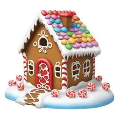 Mini gingerbread house with colorful candy decorations, a snowy white roof, and a little red heart on the door sticker