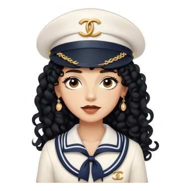 tan androgynous person with long black curls wearing a sailor outfit with a white sailor hat and a chanel bag sticker
