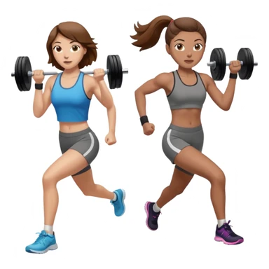 two women. only one is running. the other is only lifting weights. brown hair, light skin, hazel eyes. sticker