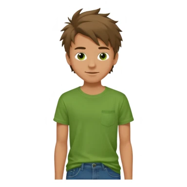 A 14 yerar old teenage boy, slightly tanned, wearing a green tshirt (no shirt pocket), blue jeans and green sneakers with brown tousled hair, smirking sticker