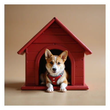 realistic red dog house with a Corgi dog inside, Corgi with a harness, photorealistic style sticker