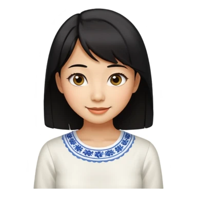 30 yr old asian woman center parted hair big eyes big smile tanned skin straight black hair hippie part hair white blouse shoulder length hair middle parted hair few short bangs at front sticker