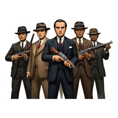 Vintage noir poster with Don Corleone surrounded by gangsters holding Thompson submachine guns. Background features New York skyscrapers, adding to the gritty, classic gangster film feel.  Dark and moody atmosphere with shadows, suits, and a mysterious vibe. Transparent background. sticker