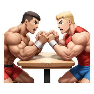 Two strong competitors locked in an intense arm wrestling match, muscles tensed as they battle for victory. The table is well-lit, showcasing their focused expressions and powerful arm grips. The background features a competitive arena with a cheering crowd. Transparent background. sticker