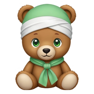 Cute brown teddy bear with innocent green eyes wearing a white wave durag perfectly tied, iOS emoji style sticker