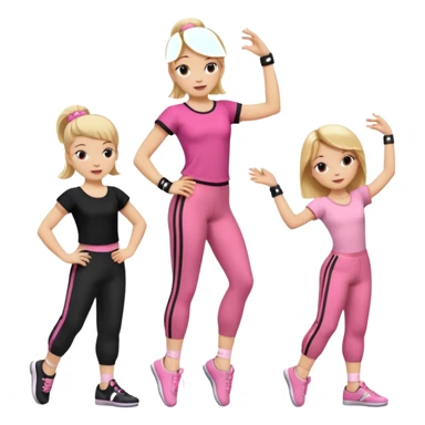 Hiphop dancer, with cute big pants, sneakers, and t-shirt. White girl blond. Coloufull shirt. No pocket pants. Dancing. Pink and black plain outfit. No sweatbands on the wrist, black music box behind her. Ballerina pose. with dancing kids behind her. With a music box sticker