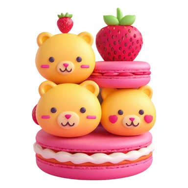 A 3D iOS style emoji of a pink macaron with a strawberry on top and three cute animals peeking out from between the layers. The macaron should have a glossy finish and soft shadows, with a light pink background and small yellow stars scattered around. sticker