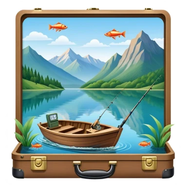 Icon for Fishing Travel: a boat on a calm lake surrounded by mountains and lush greenery, with fish jumping out of the water, a fishing rod, tackle box. The icon should capture the peaceful and adventurous nature of fishing trips. Transparent background. sticker