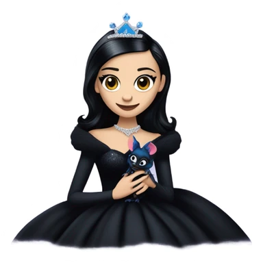 relaxed low-cut slinky black evening ball gown with lace gloves, Jenna Ortega as Morticia Addams wearing a mini diamond tiara showing off a cute blue horned dragon ventriloquist puppet sticker
