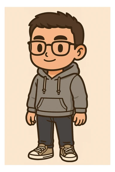 Full body illustration of a young, strong man with short dark hair and glasses, wearing a hoodie and All Star style sneakers. The style is cute, cartoon, and simplified like chibi stickers, showing the entire body including feet, with bold black lines and soft colors. sticker