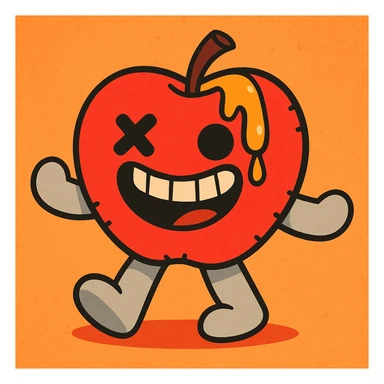 vibrant-toon style: plush apple character, soft light grey limbs, left eye replaced by stitched X, golden ichor oozing from stem, wide toothy grin, no leaf sticker