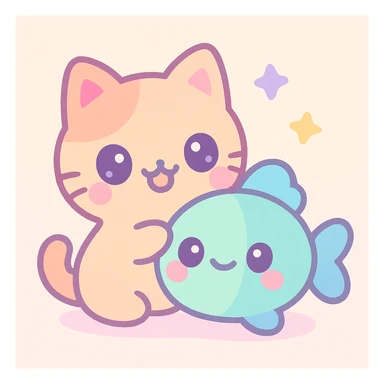 a cat and a fish together, playful and cute, in a fun kawaii style sticker